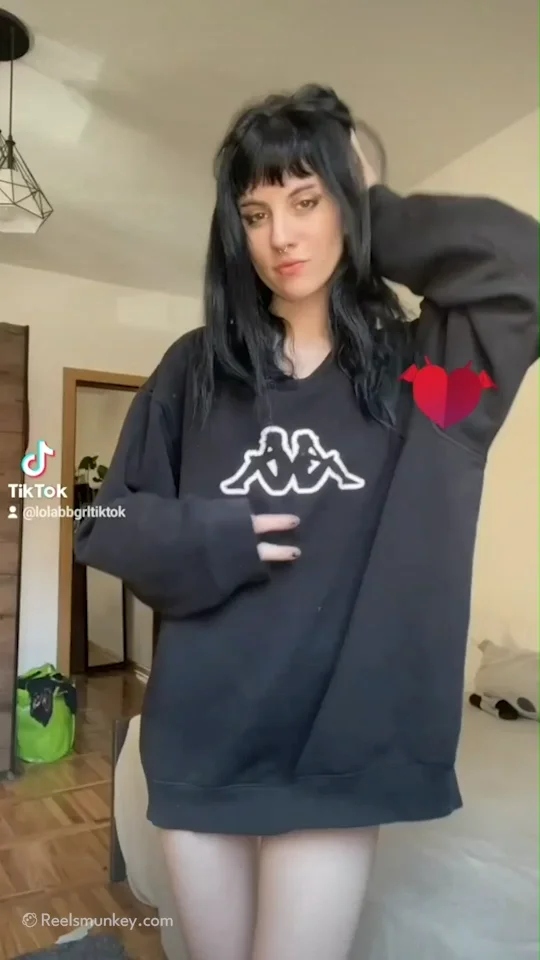 Skinny Brunette With Long Hair Does Magic Drop Of Her Hoodie
